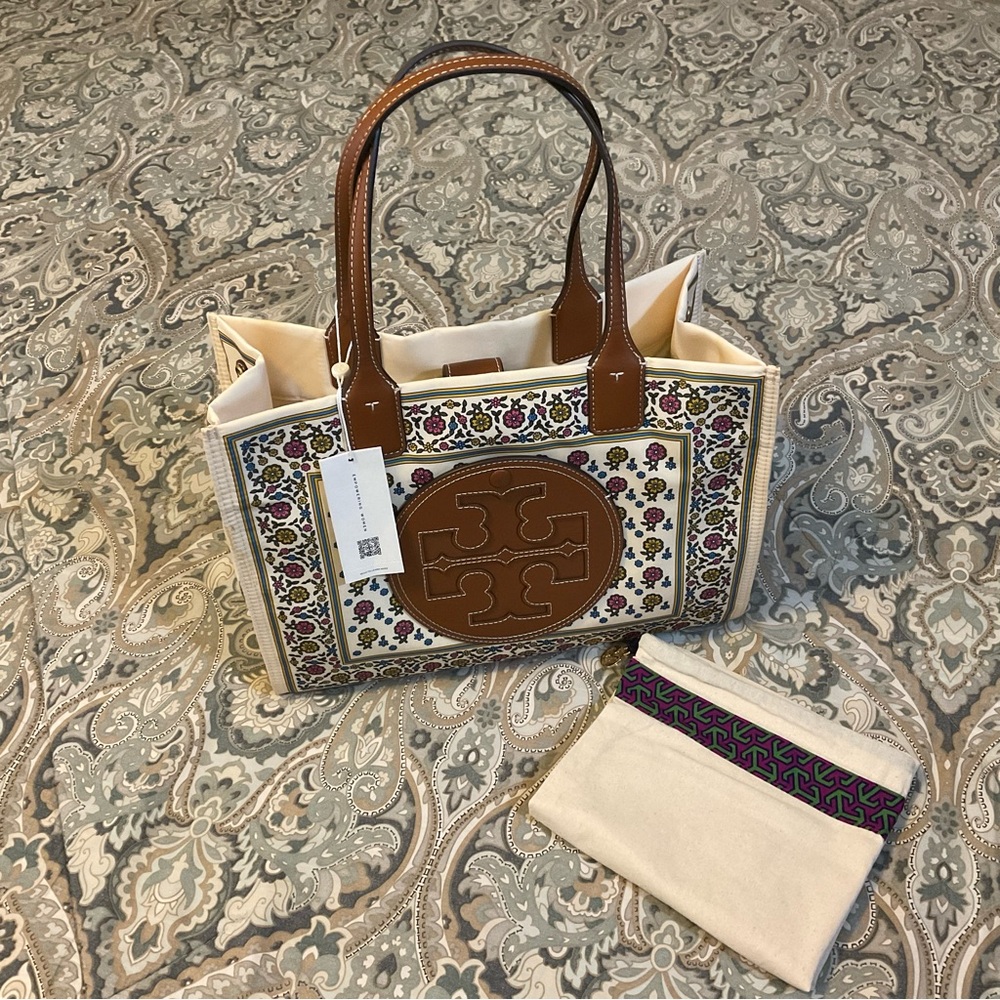 NWT Tory Burch Ella  Printed Tote Ivory Floral Daisy Border Rare